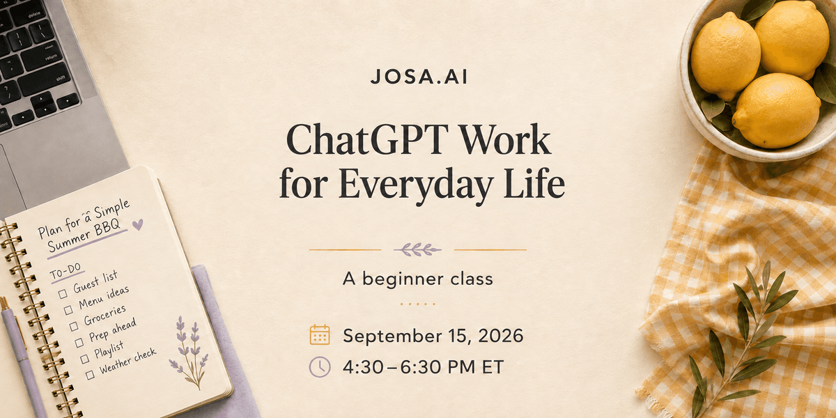 ChatGPT Work for Everyday Life beginner class, September 15, 2026, with a laptop and barbecue planning notebook.