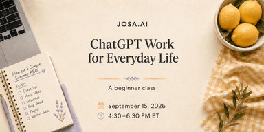 ChatGPT Work for Everyday Life beginner class, September 15, 2026, with a laptop and barbecue planning notebook.